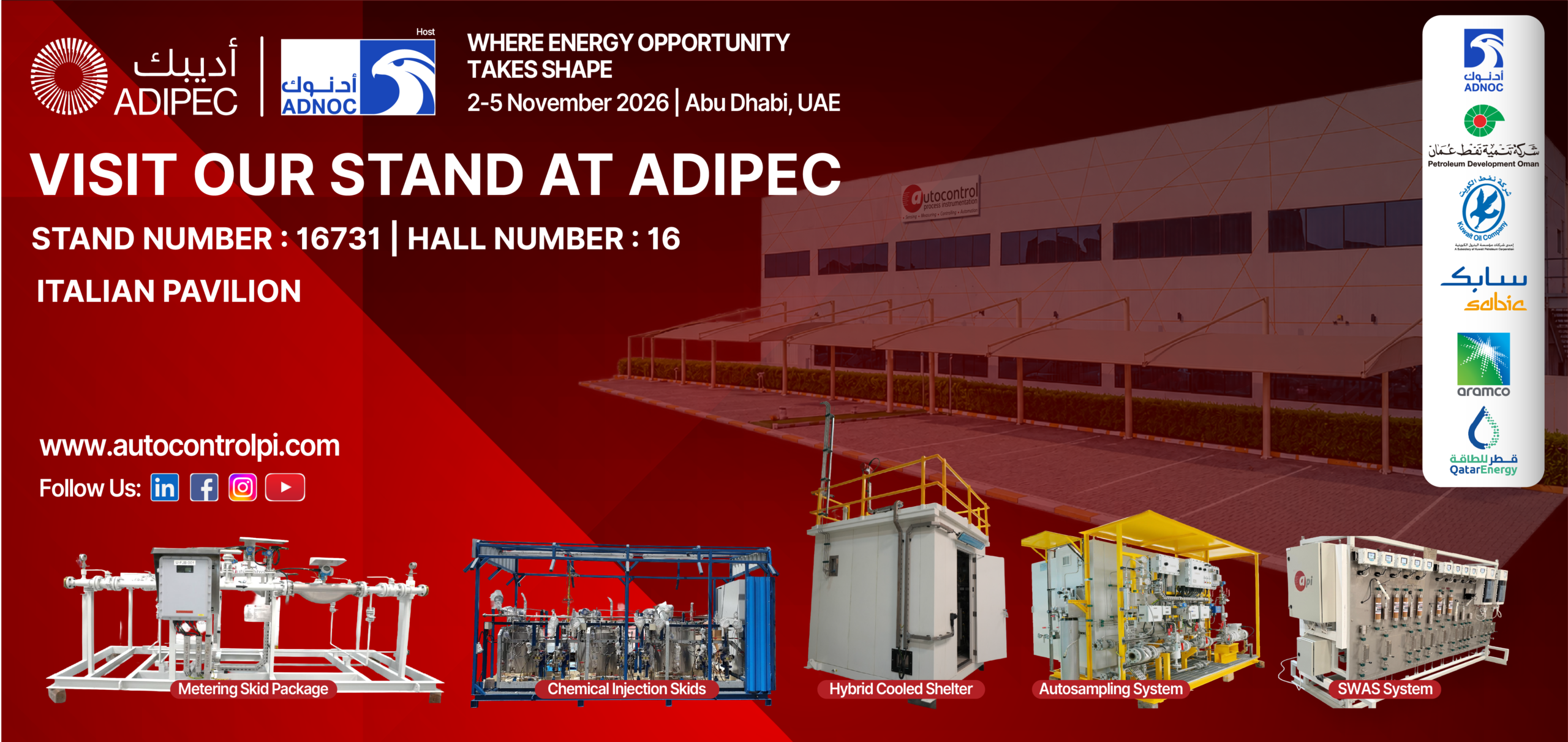 Autocontrol metering skids, chemical injection skids, shelters, autosampling and SWAS systems at ADIPEC 2026, Stand 16731, Hall 16